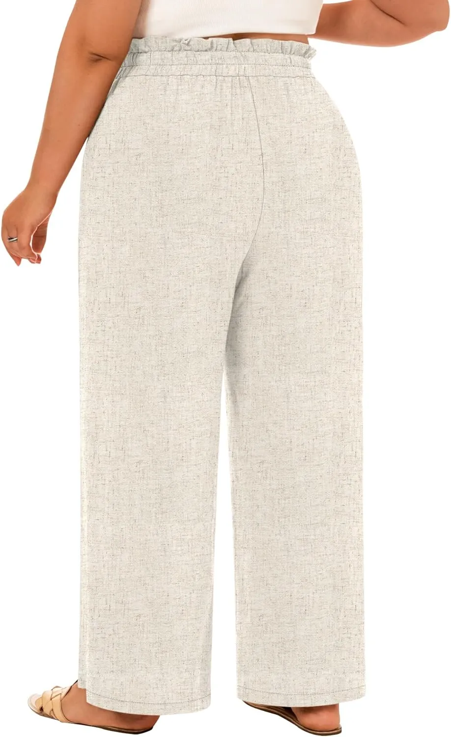 Neer Women's Plus Size Linen Pants High Waist Wide Leg Casual Drawstring Loose Straight Palazzo Pants with Pockets