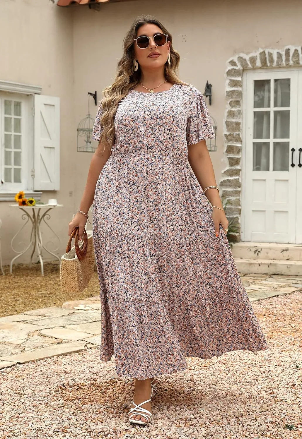 Nemidor Plus Size Maxi Dresses for Curvy Women Summer Casual Boho Ditsy Floral Print Layered Flared Long Dress with Pocket