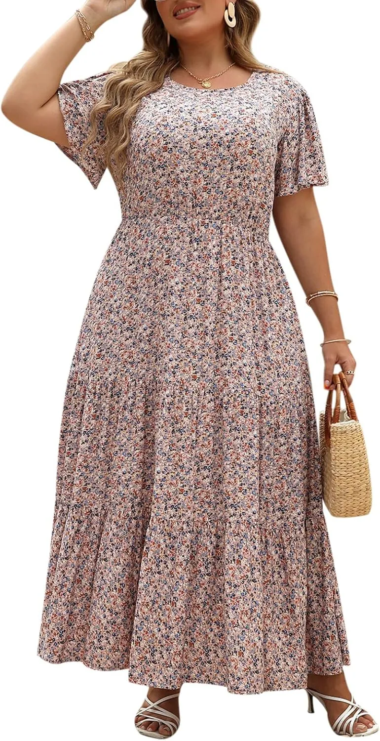 Nemidor Plus Size Maxi Dresses for Curvy Women Summer Casual Boho Ditsy Floral Print Layered Flared Long Dress with Pocket