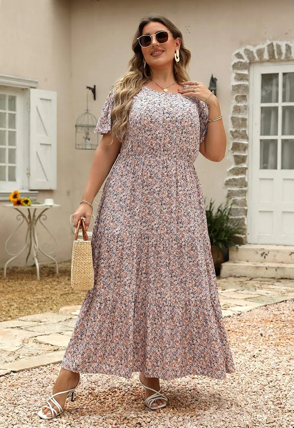 Nemidor Plus Size Maxi Dresses for Curvy Women Summer Casual Boho Ditsy Floral Print Layered Flared Long Dress with Pocket
