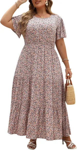 Nemidor Plus Size Maxi Dresses for Curvy Women Summer Casual Boho Ditsy Floral Print Layered Flared Long Dress with Pocket