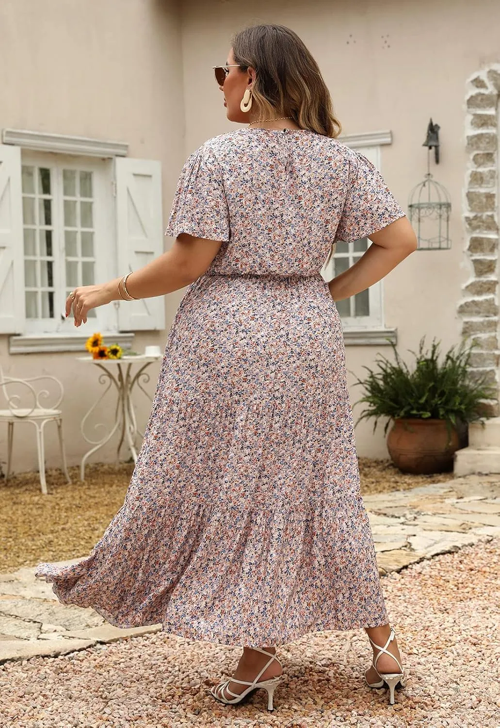 Nemidor Plus Size Maxi Dresses for Curvy Women Summer Casual Boho Ditsy Floral Print Layered Flared Long Dress with Pocket