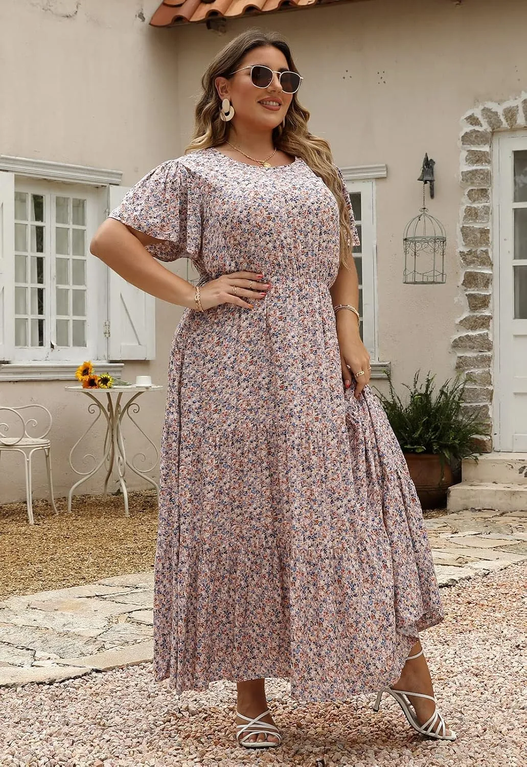 Nemidor Plus Size Maxi Dresses for Curvy Women Summer Casual Boho Ditsy Floral Print Layered Flared Long Dress with Pocket