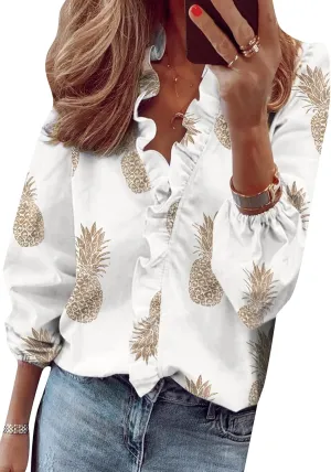 OMZIN Women Business Lantern Sleeve Lightweight Shirt Autumn Ruffle Trim Soft Blouse Low Cut Elegant Top