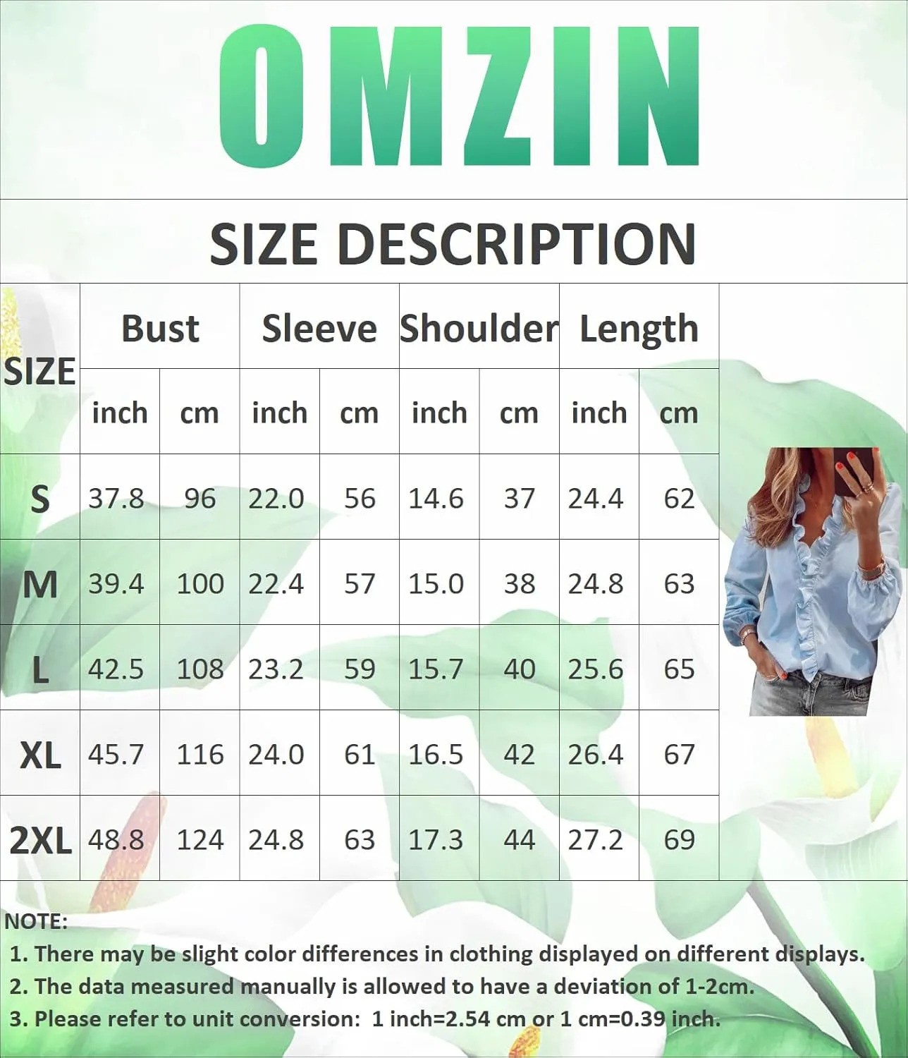OMZIN Women Business Lantern Sleeve Lightweight Shirt Autumn Ruffle Trim Soft Blouse Low Cut Elegant Top