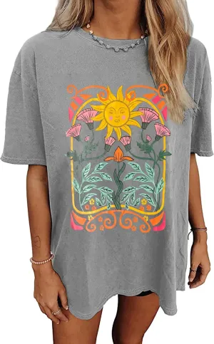 Oversized Tshirts for Women Flower Graphic Tees Cute Casual Crewneck Printed Shirts Funny Short Sleeve Tops
