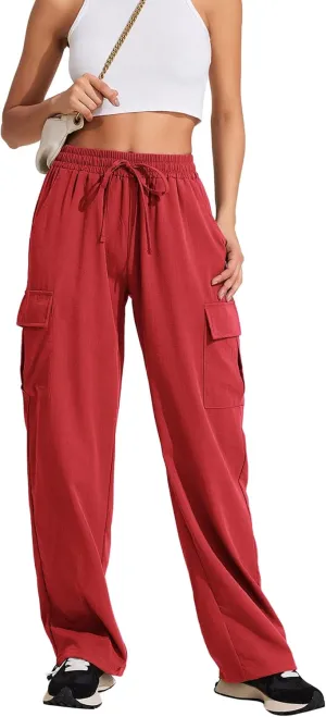 PINSPARK Women's Cargo Pants Quick Dry Hiking Athletic Pants Elastic High Waist Casual Pants Wide Leg with Pockets