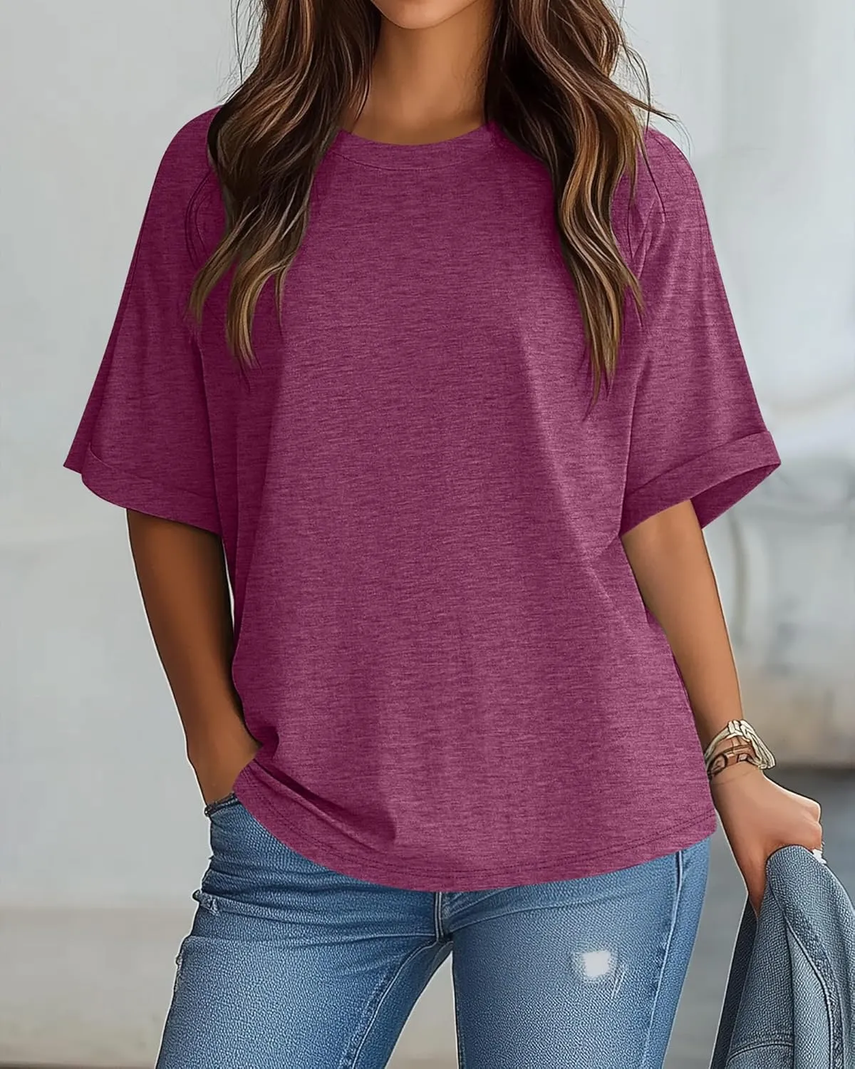 Riyiper 3 Pack Women's Oversized T Shirt Cotton Half Sleeve Summer Tees Casual Loose Fit Crew Neck Basic Tops
