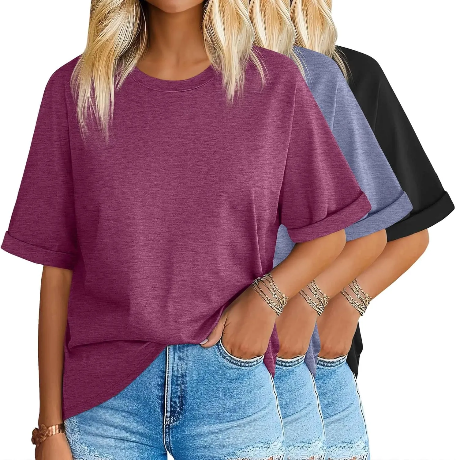 Riyiper 3 Pack Women's Oversized T Shirt Cotton Half Sleeve Summer Tees Casual Loose Fit Crew Neck Basic Tops