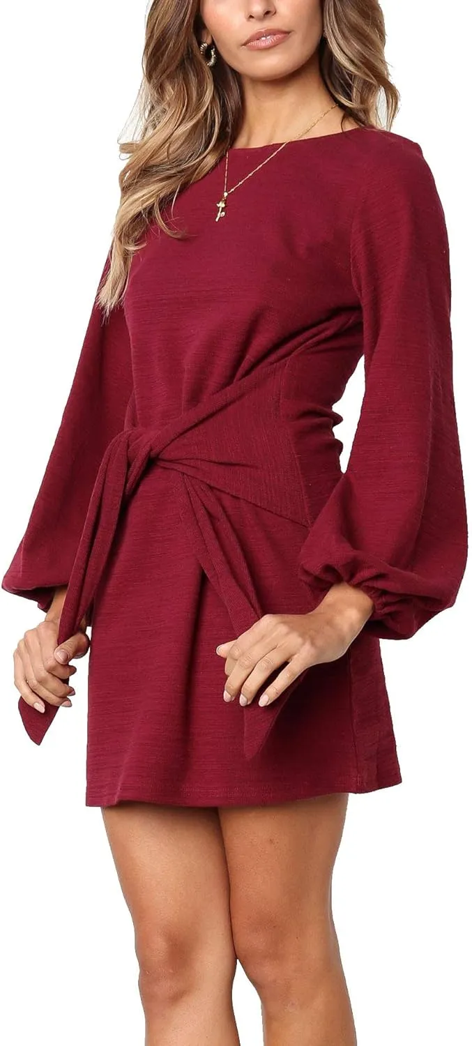 R.Vivimos Women's Autumn Winter Cotton Long Sleeves Elegant Knitted Bodycon Tie Waist Sweater Pencil Dress