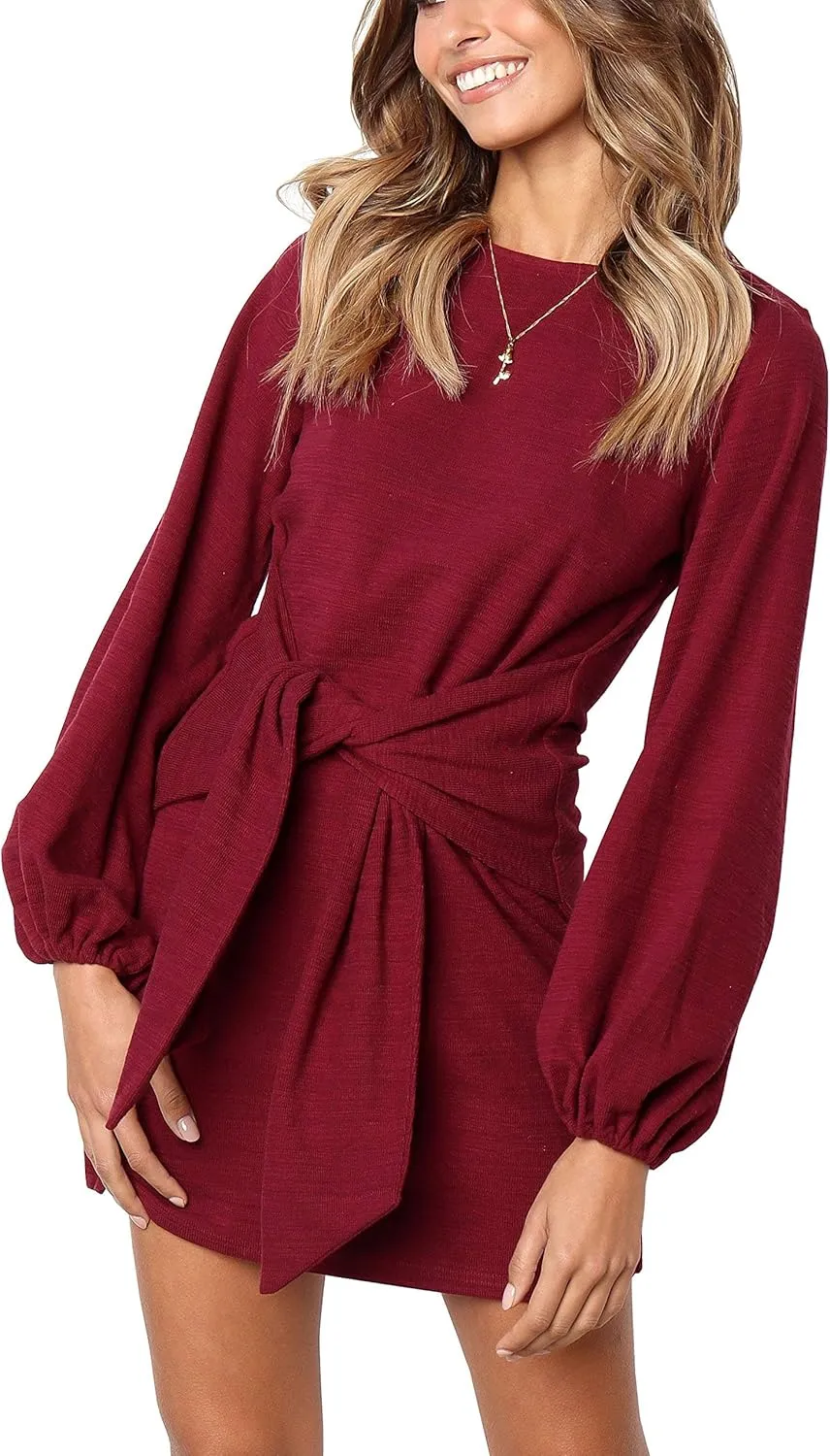 R.Vivimos Women's Autumn Winter Cotton Long Sleeves Elegant Knitted Bodycon Tie Waist Sweater Pencil Dress