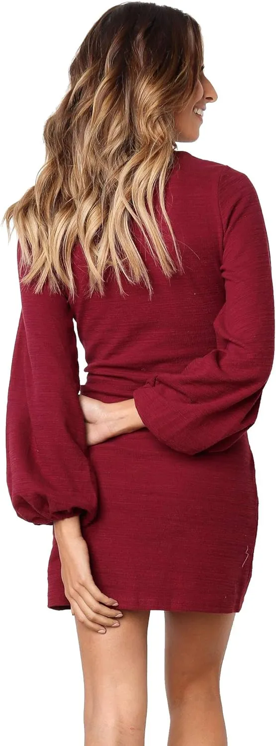 R.Vivimos Women's Autumn Winter Cotton Long Sleeves Elegant Knitted Bodycon Tie Waist Sweater Pencil Dress