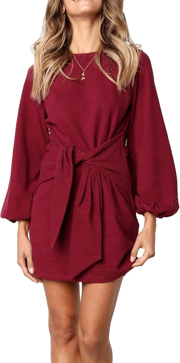 R.Vivimos Women's Autumn Winter Cotton Long Sleeves Elegant Knitted Bodycon Tie Waist Sweater Pencil Dress