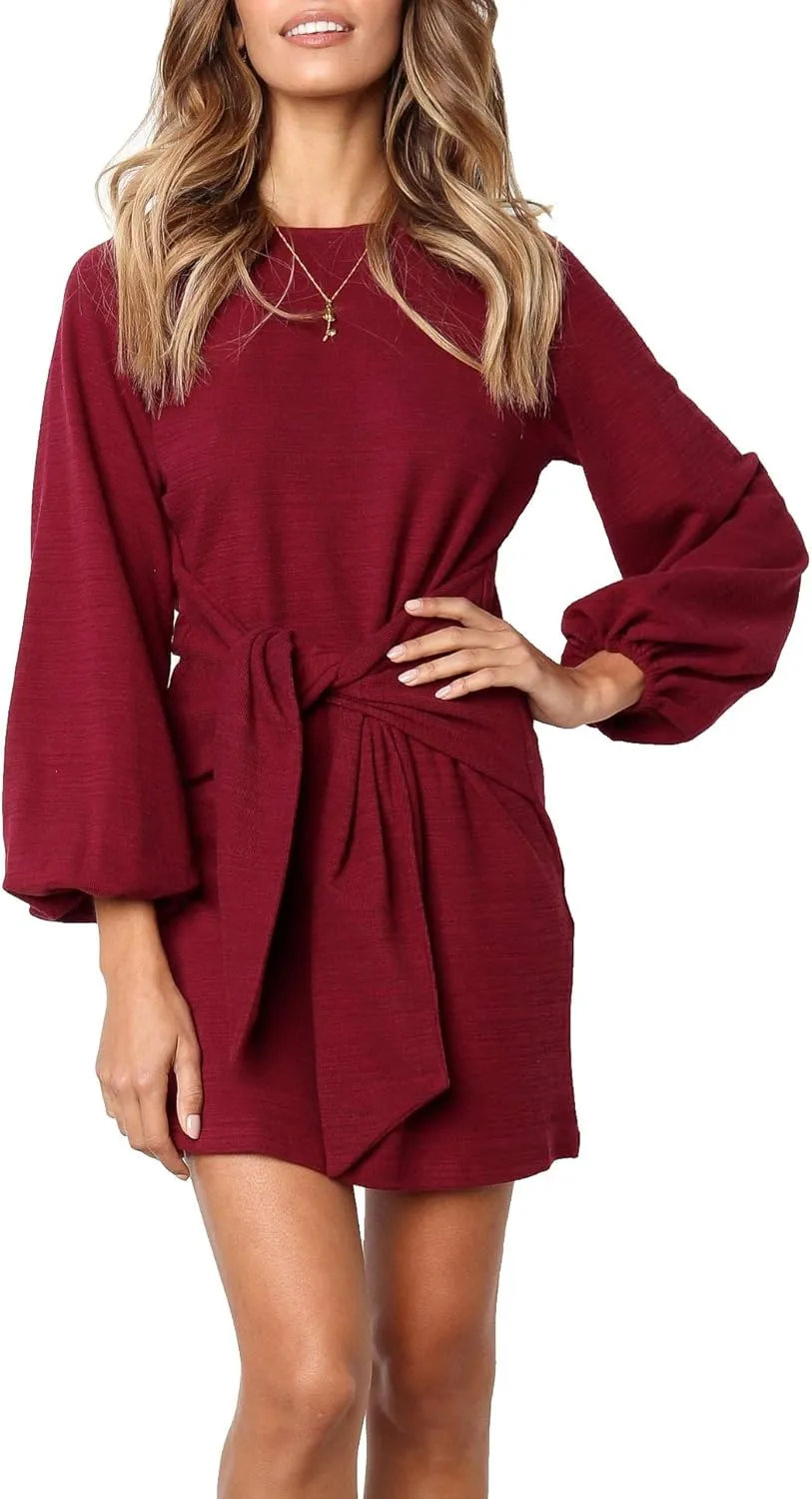 R.Vivimos Women's Autumn Winter Cotton Long Sleeves Elegant Knitted Bodycon Tie Waist Sweater Pencil Dress