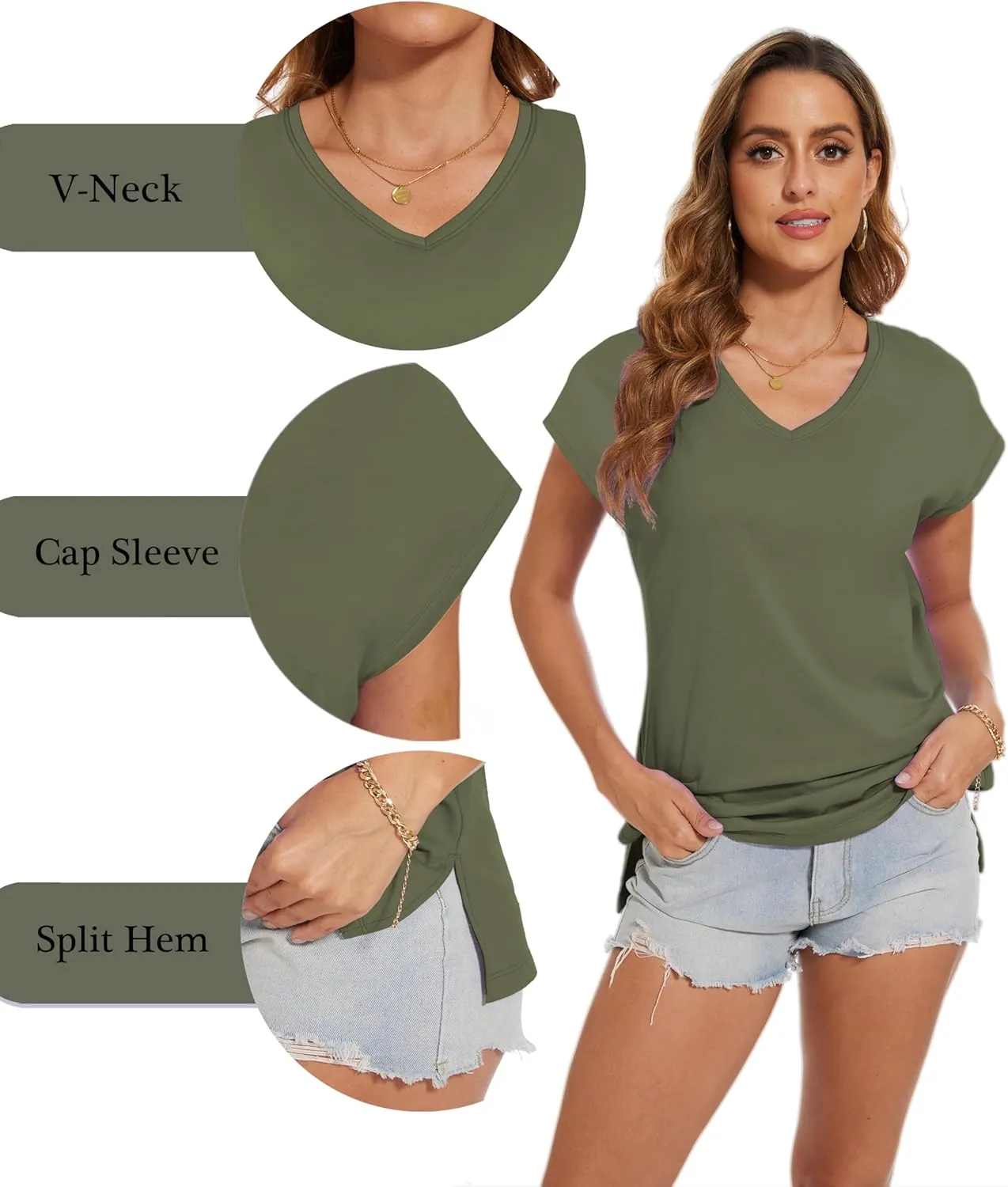 SMENG Shirts for Women Pure Cotton Cap Sleeve V Neck Split Hem T Shirts Basic Tee Tops