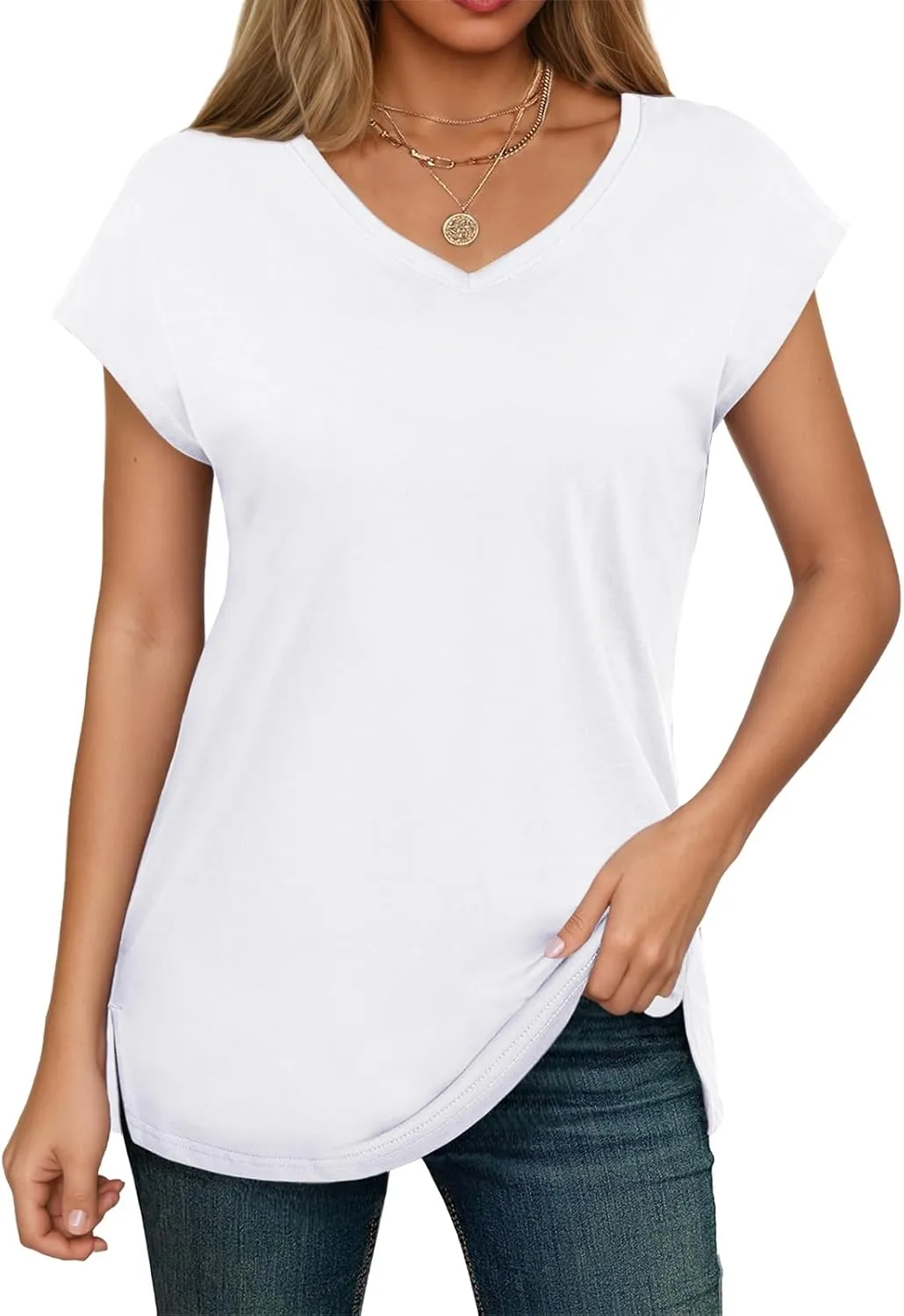 SMENG Shirts for Women Pure Cotton Cap Sleeve V Neck Split Hem T Shirts Basic Tee Tops
