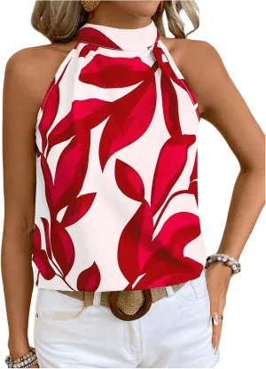SweatyRocks Women's Boho Printed Halter Top Tie Mock Neck Sleeveless Blouses