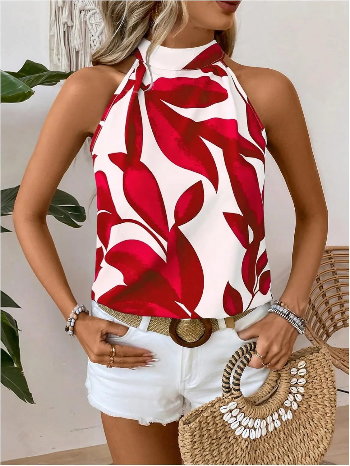 SweatyRocks Women's Boho Printed Halter Top Tie Mock Neck Sleeveless Blouses