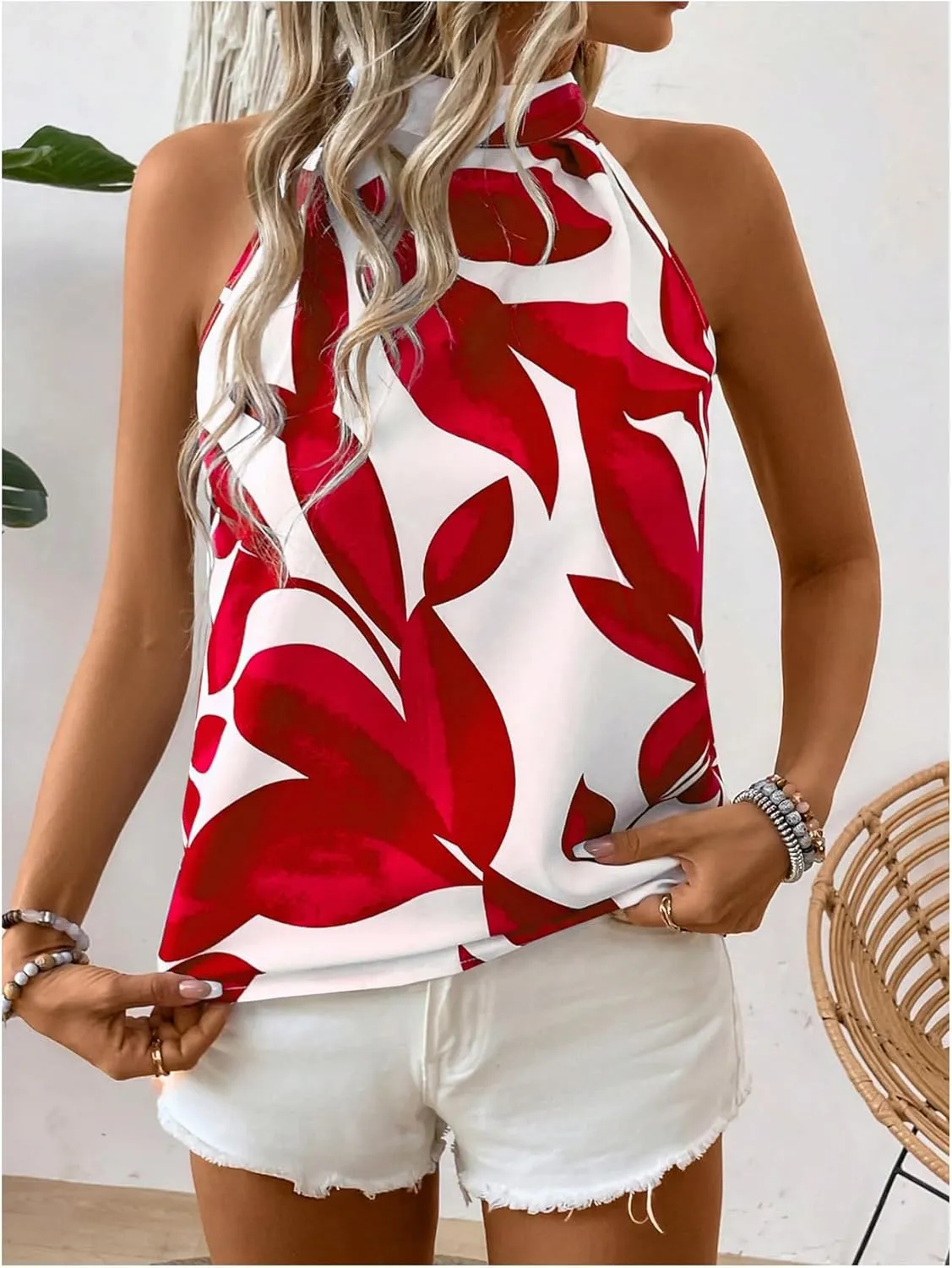 SweatyRocks Women's Boho Printed Halter Top Tie Mock Neck Sleeveless Blouses