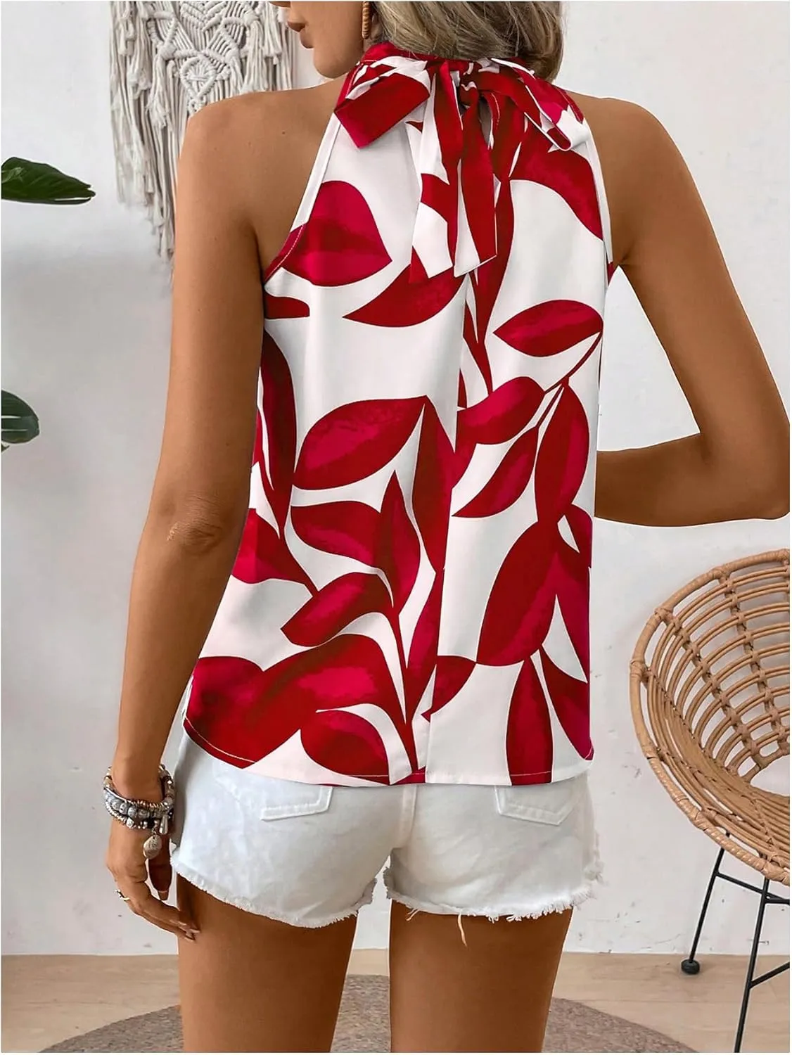 SweatyRocks Women's Boho Printed Halter Top Tie Mock Neck Sleeveless Blouses