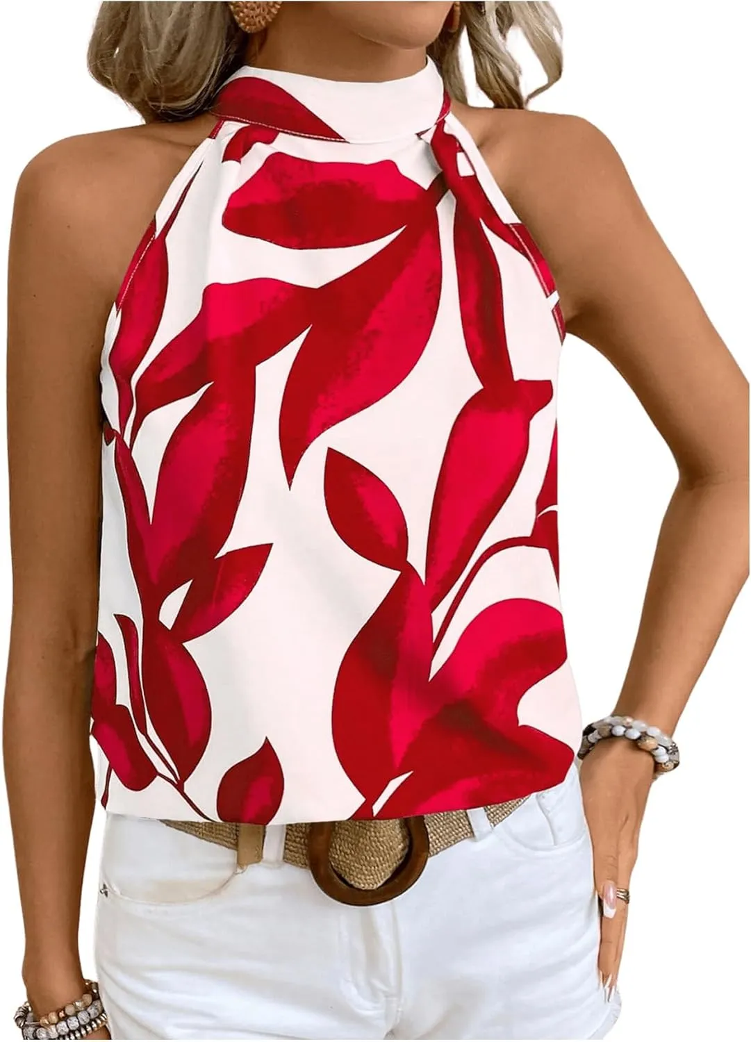 SweatyRocks Women's Boho Printed Halter Top Tie Mock Neck Sleeveless Blouses