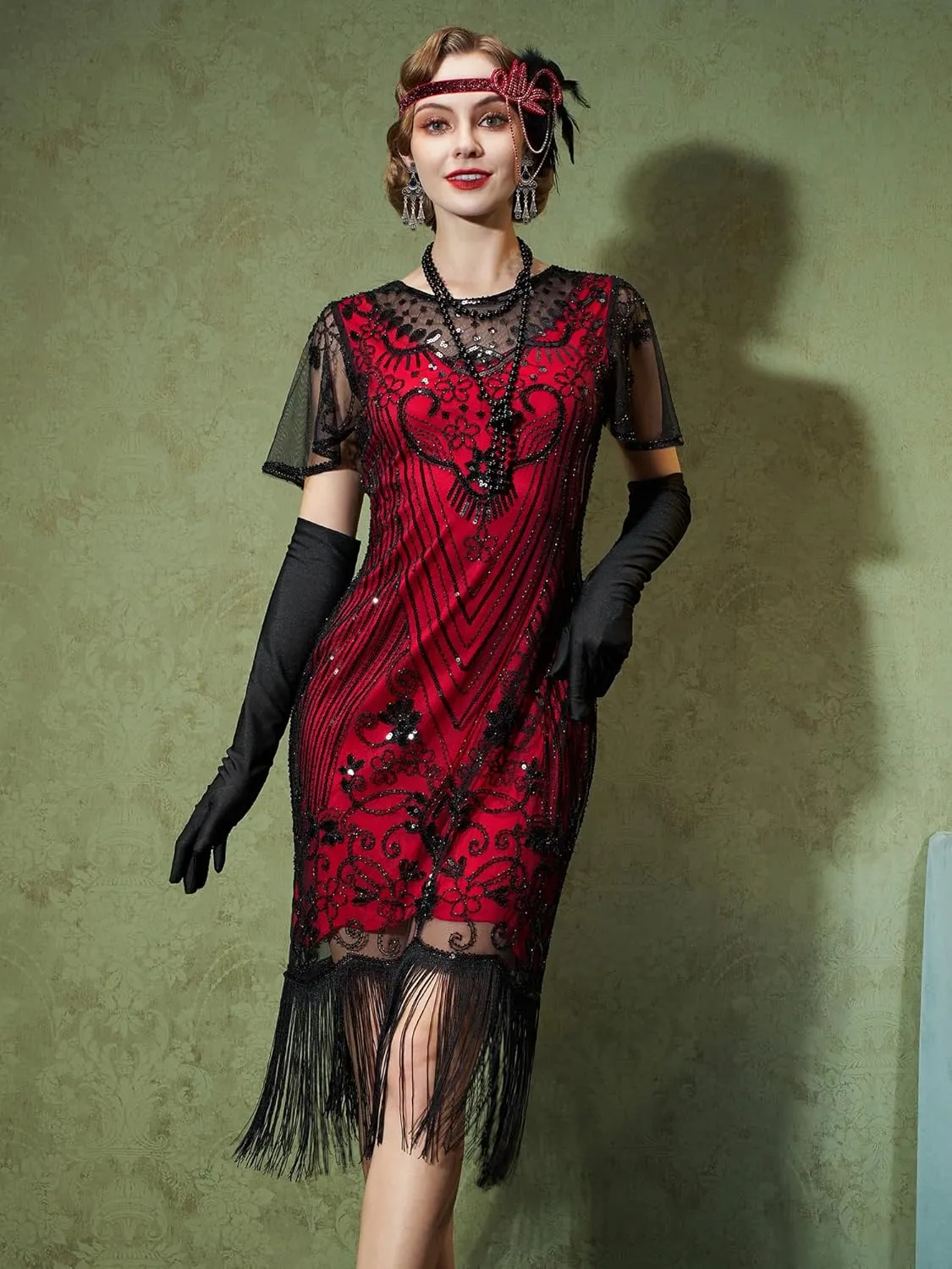 SWEETV Great Gatsby Lace Neck Flapper Dress - 1920s Dress for Women With Sleeve - Roaring 20s Costume