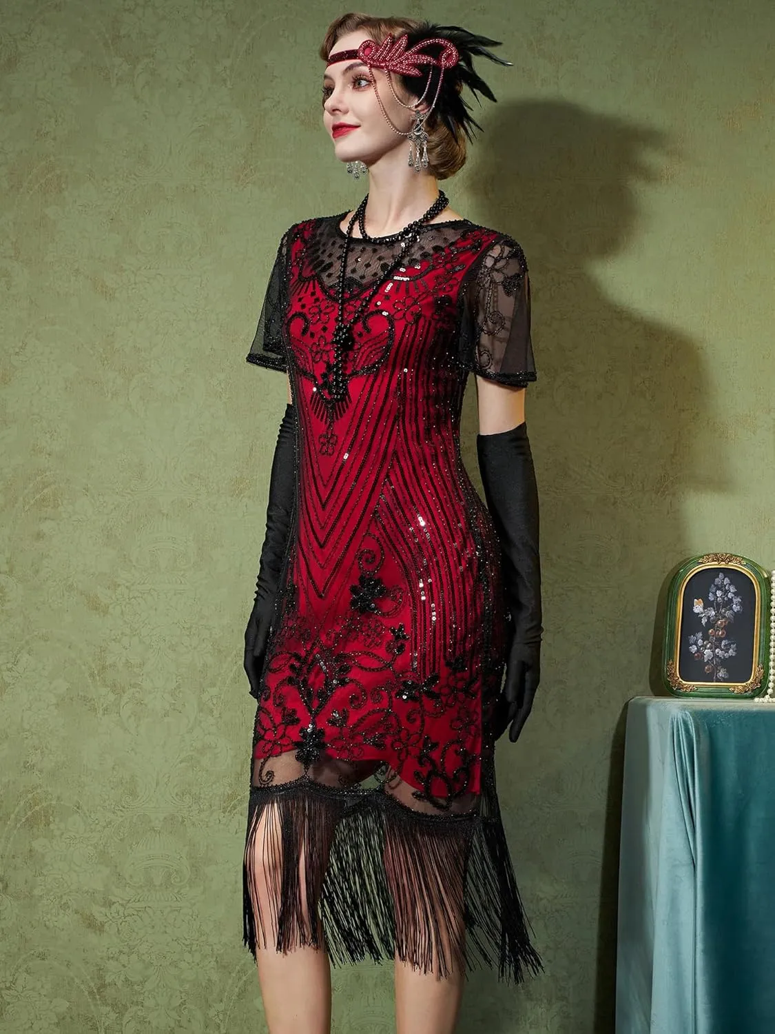 SWEETV Great Gatsby Lace Neck Flapper Dress - 1920s Dress for Women With Sleeve - Roaring 20s Costume