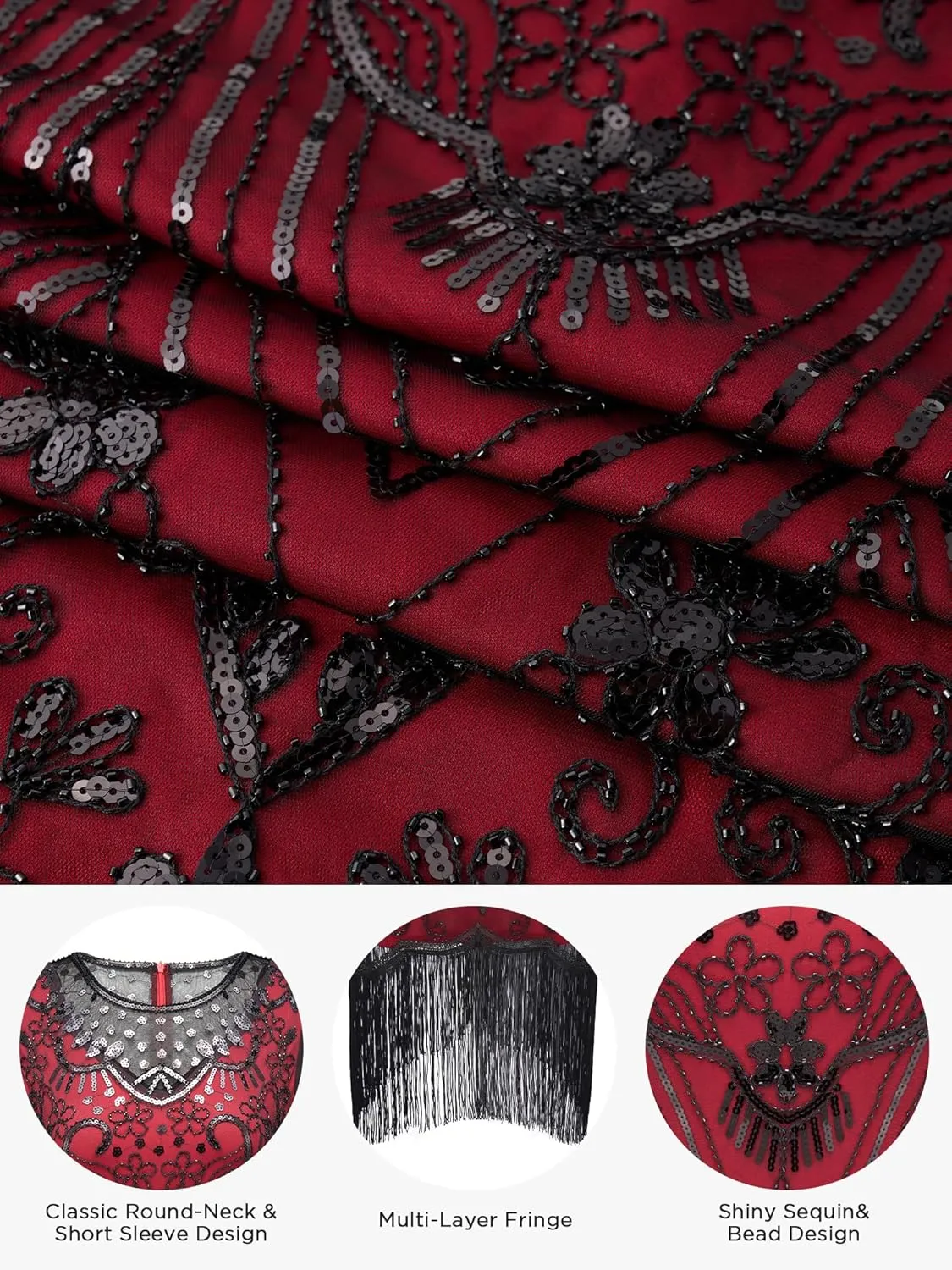 SWEETV Great Gatsby Lace Neck Flapper Dress - 1920s Dress for Women With Sleeve - Roaring 20s Costume