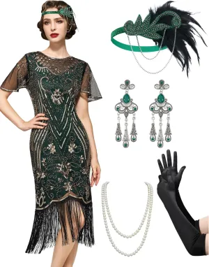 SWEETV Great Gatsby Lace Neck Flapper Dress - 1920s Dress for Women With Sleeve - Roaring 20s Costume