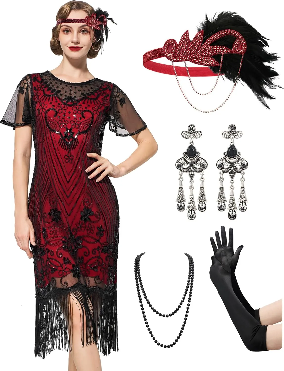 SWEETV Great Gatsby Lace Neck Flapper Dress - 1920s Dress for Women With Sleeve - Roaring 20s Costume