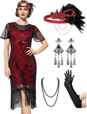 SWEETV Great Gatsby Lace Neck Flapper Dress - 1920s Dress for Women With Sleeve - Roaring 20s Costume