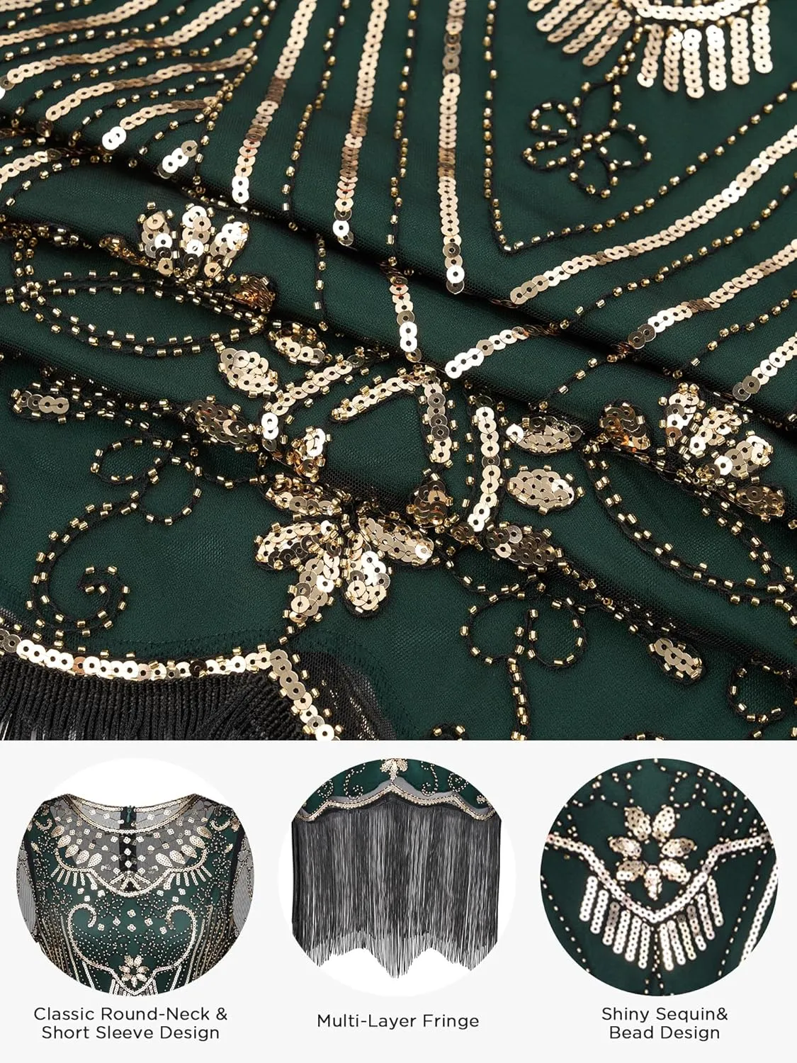 SWEETV Great Gatsby Lace Neck Flapper Dress - 1920s Dress for Women With Sleeve - Roaring 20s Costume