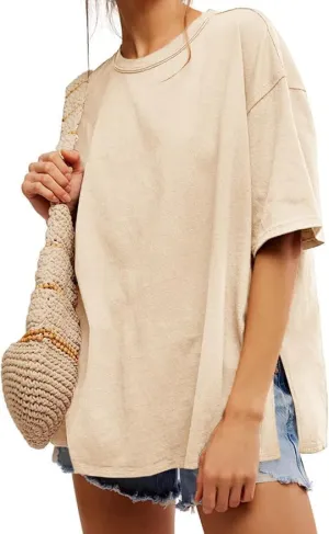 UNCLECAT Womens Oversized T Shirts Summer Trendy Short Sleeve Crew Neck Tops Loose Fit Side Slit Tee