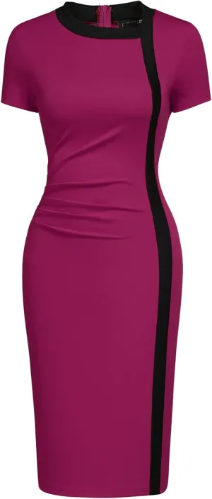 Women Vintage Ruffle Business Colorblock Work Church Pencil Dress