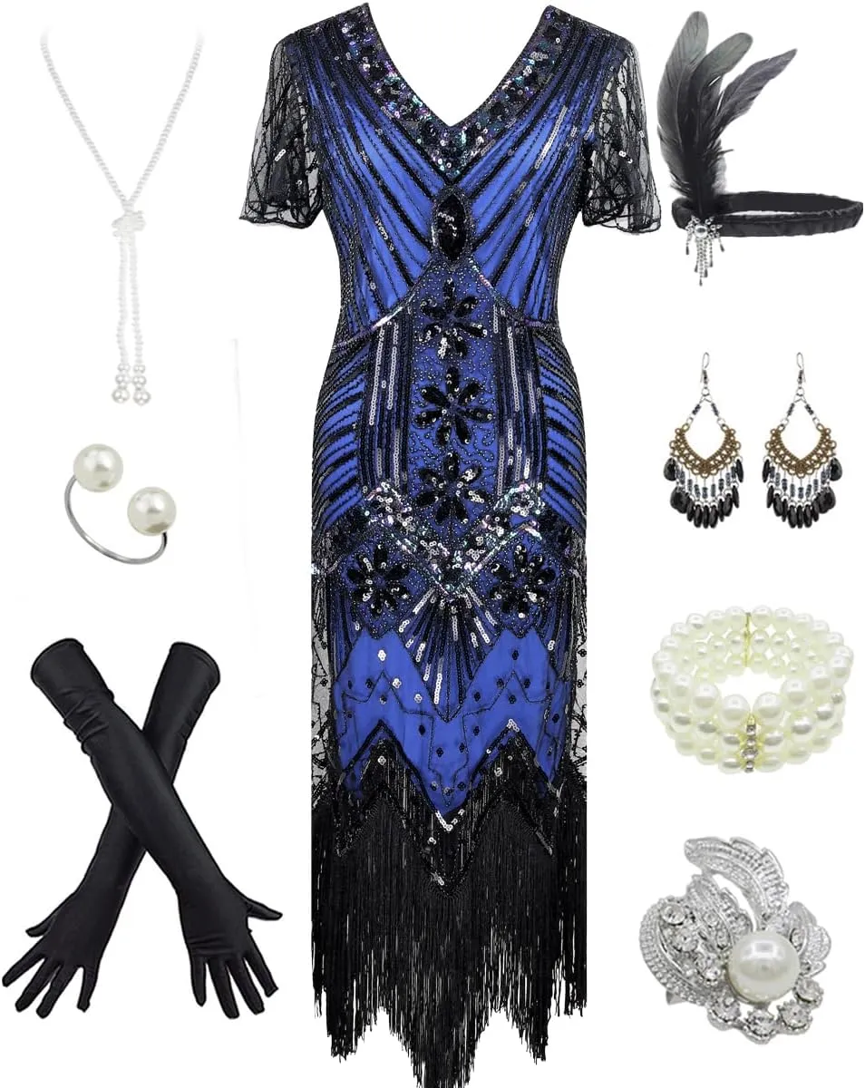Women's 1920s Gatsby Inspired Sequin Beads Long Fringe Flapper Dress w/Accessories Set