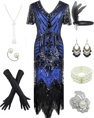 Women's 1920s Gatsby Inspired Sequin Beads Long Fringe Flapper Dress w/Accessories Set