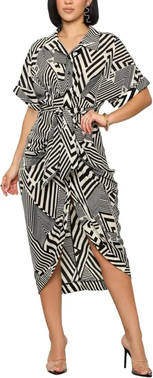 Women's Button Down Ruched Shirt Dresses Casual Short Sleeve Belted Summer Maxi Dress