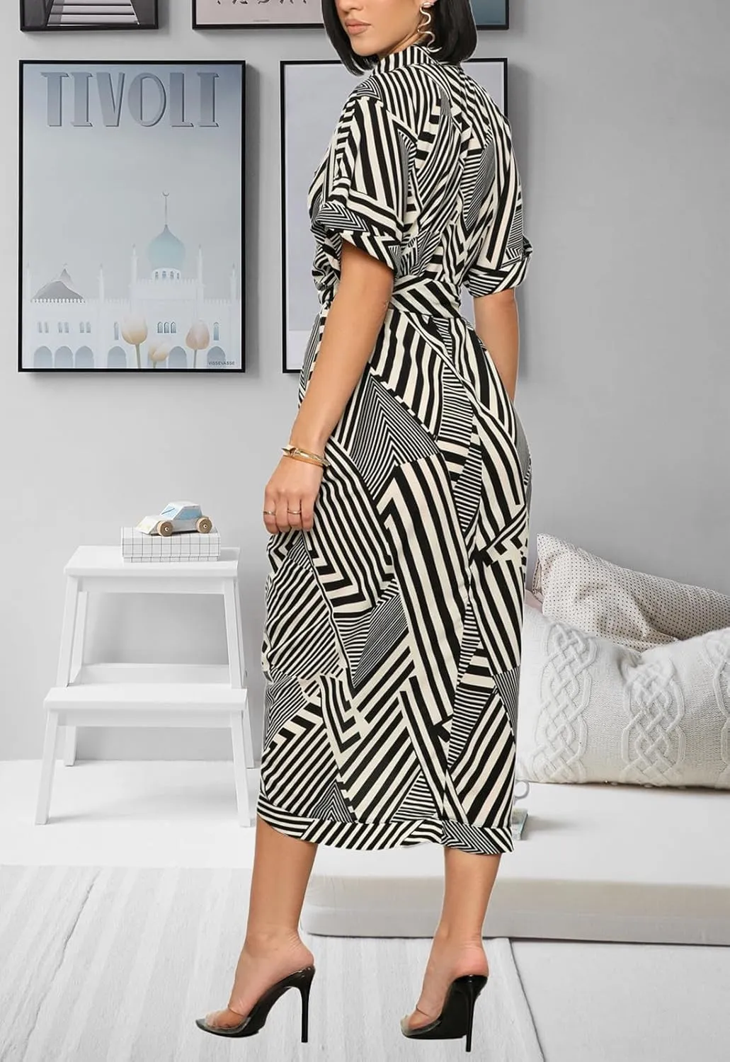 Women's Button Down Ruched Shirt Dresses Casual Short Sleeve Belted Summer Maxi Dress