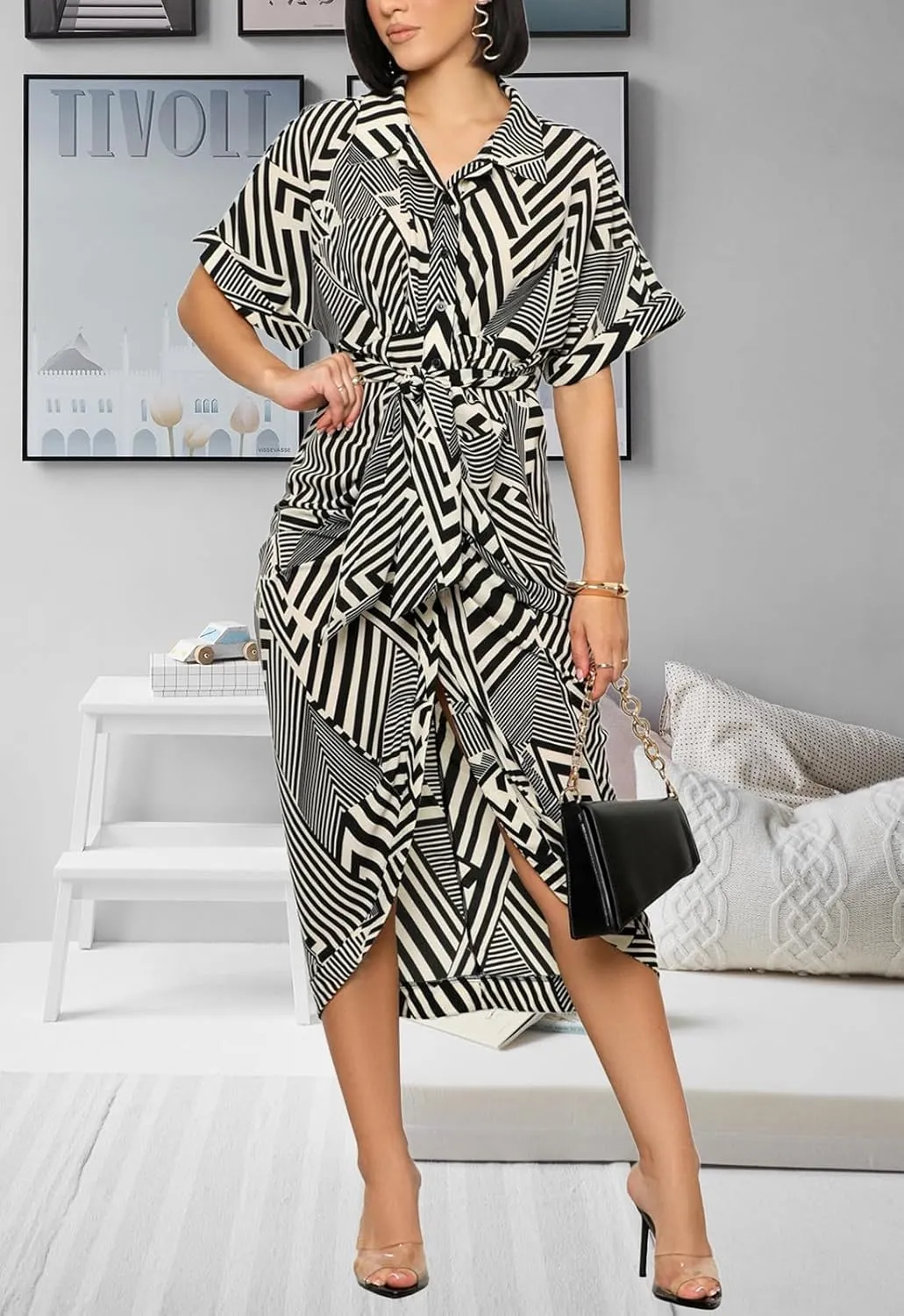 Women's Button Down Ruched Shirt Dresses Casual Short Sleeve Belted Summer Maxi Dress