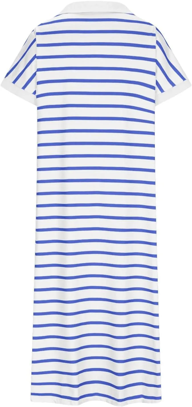 Womens Striped Summer Dresses Casual Short Sleeve V Neck Dress Knitted Collared Dress Side Slit Maxi Sweater Dresses