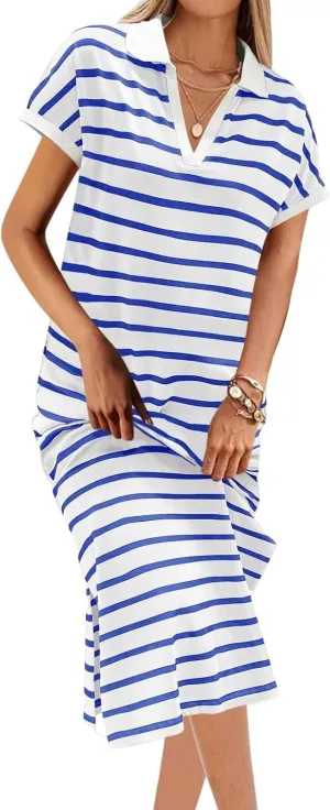 Womens Striped Summer Dresses Casual Short Sleeve V Neck Dress Knitted Collared Dress Side Slit Maxi Sweater Dresses