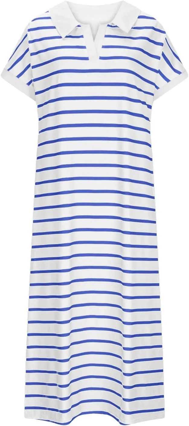Womens Striped Summer Dresses Casual Short Sleeve V Neck Dress Knitted Collared Dress Side Slit Maxi Sweater Dresses