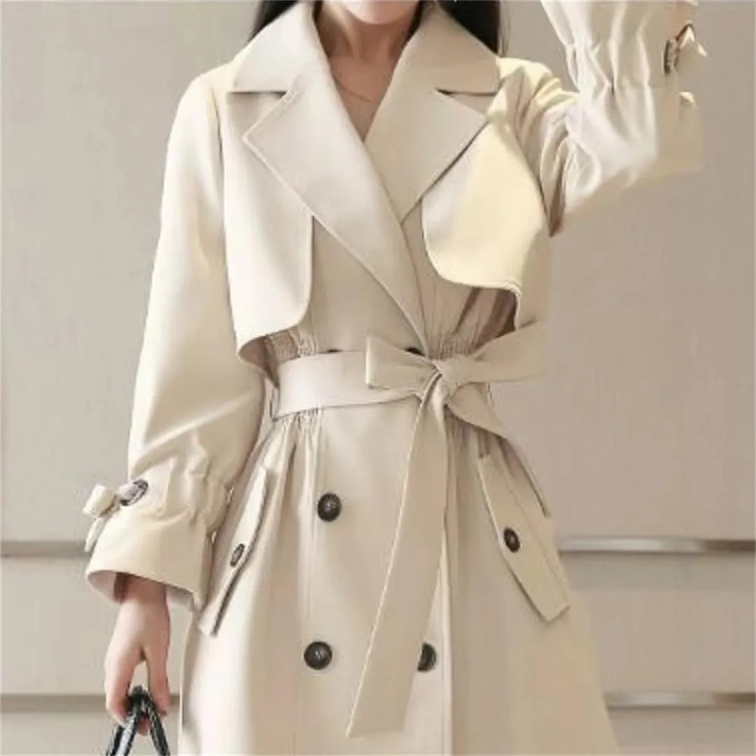 Women's Trench Coat Long Sleeve Lapel Double Breasted Solid Color Belted Midi Trench Coats