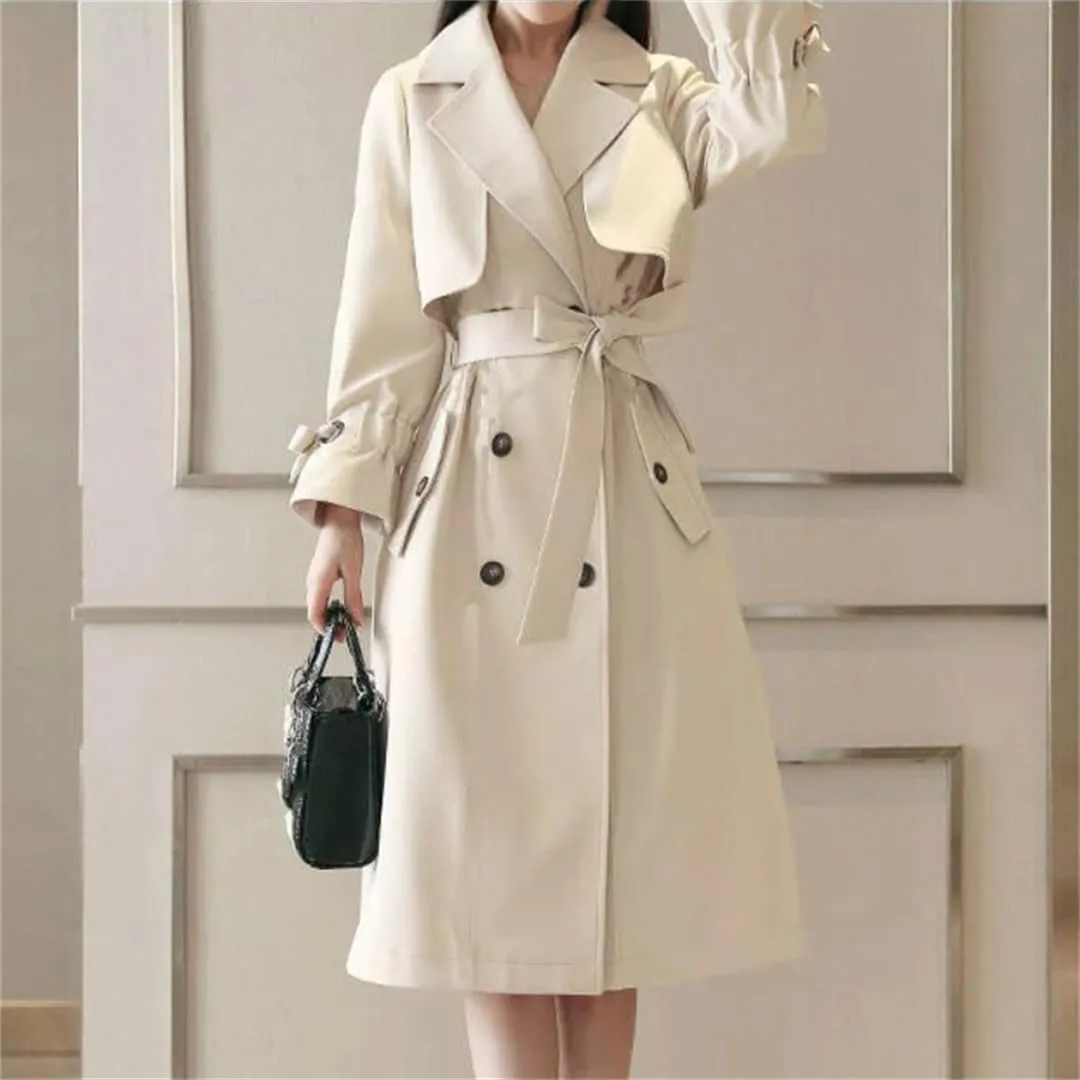 Women's Trench Coat Long Sleeve Lapel Double Breasted Solid Color Belted Midi Trench Coats