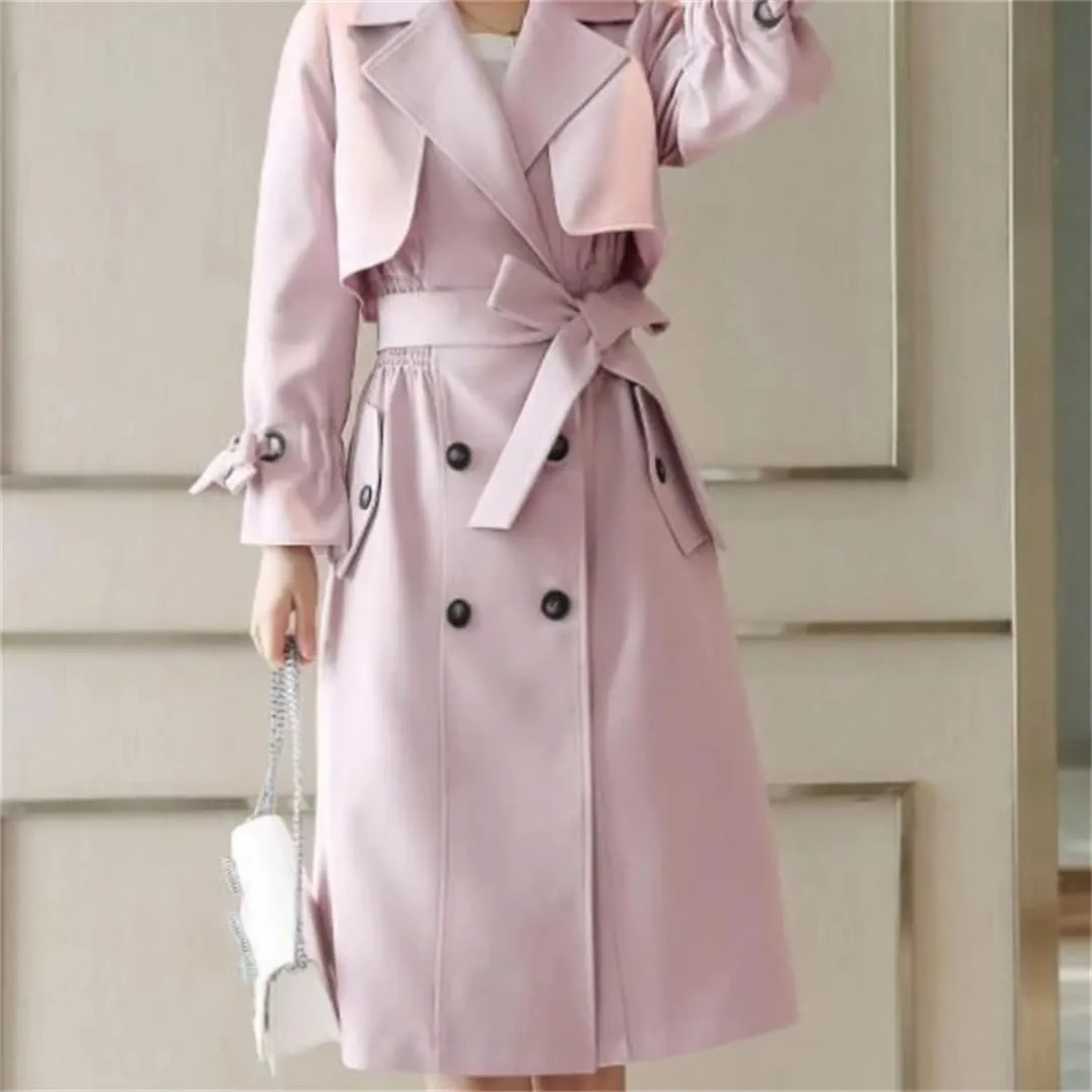Women's Trench Coat Long Sleeve Lapel Double Breasted Solid Color Belted Midi Trench Coats