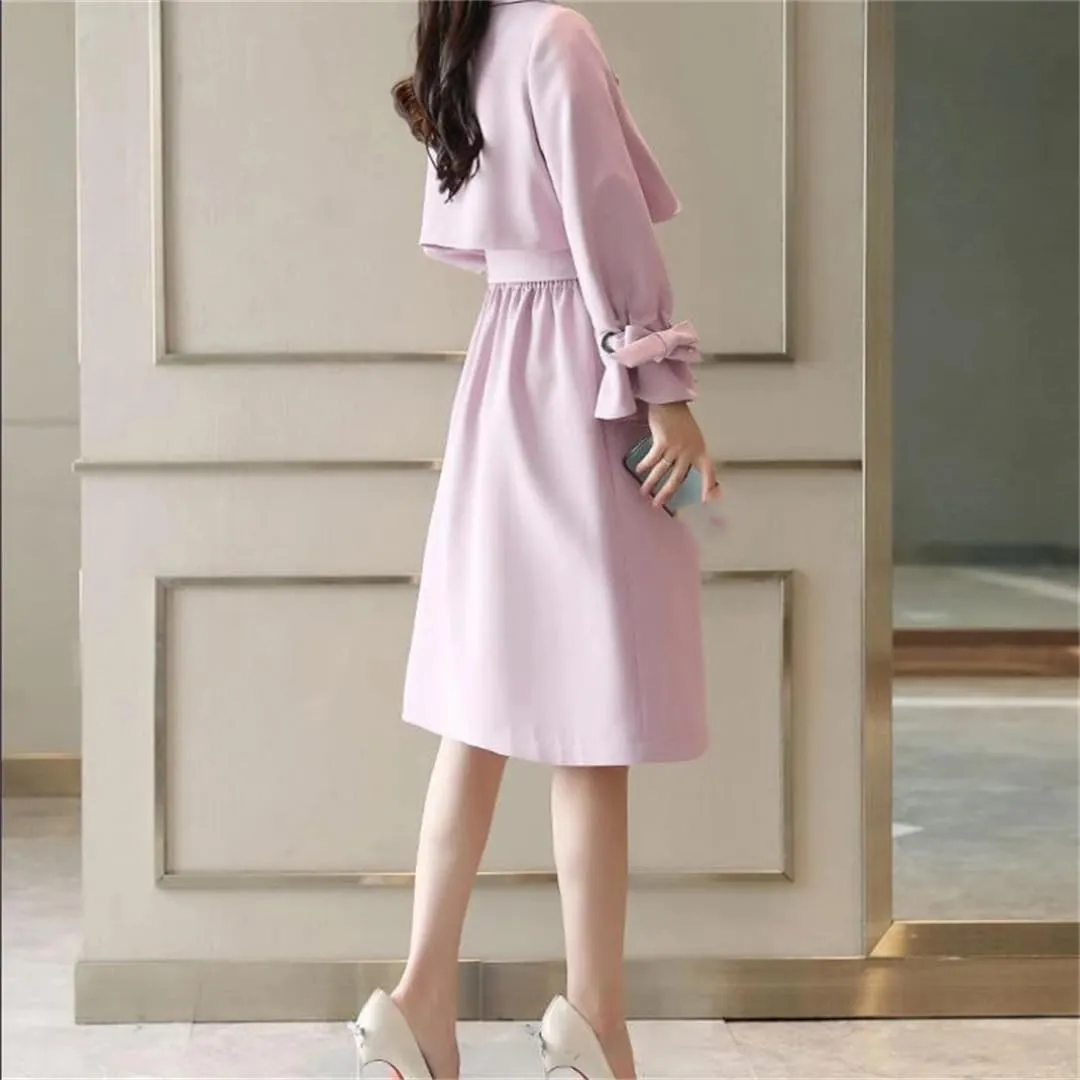 Women's Trench Coat Long Sleeve Lapel Double Breasted Solid Color Belted Midi Trench Coats