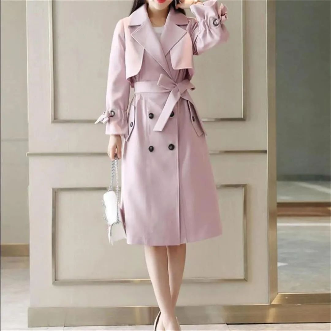 Women's Trench Coat Long Sleeve Lapel Double Breasted Solid Color Belted Midi Trench Coats