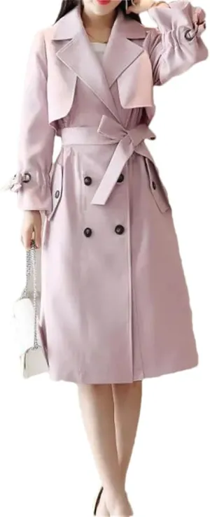 Women's Trench Coat Long Sleeve Lapel Double Breasted Solid Color Belted Midi Trench Coats