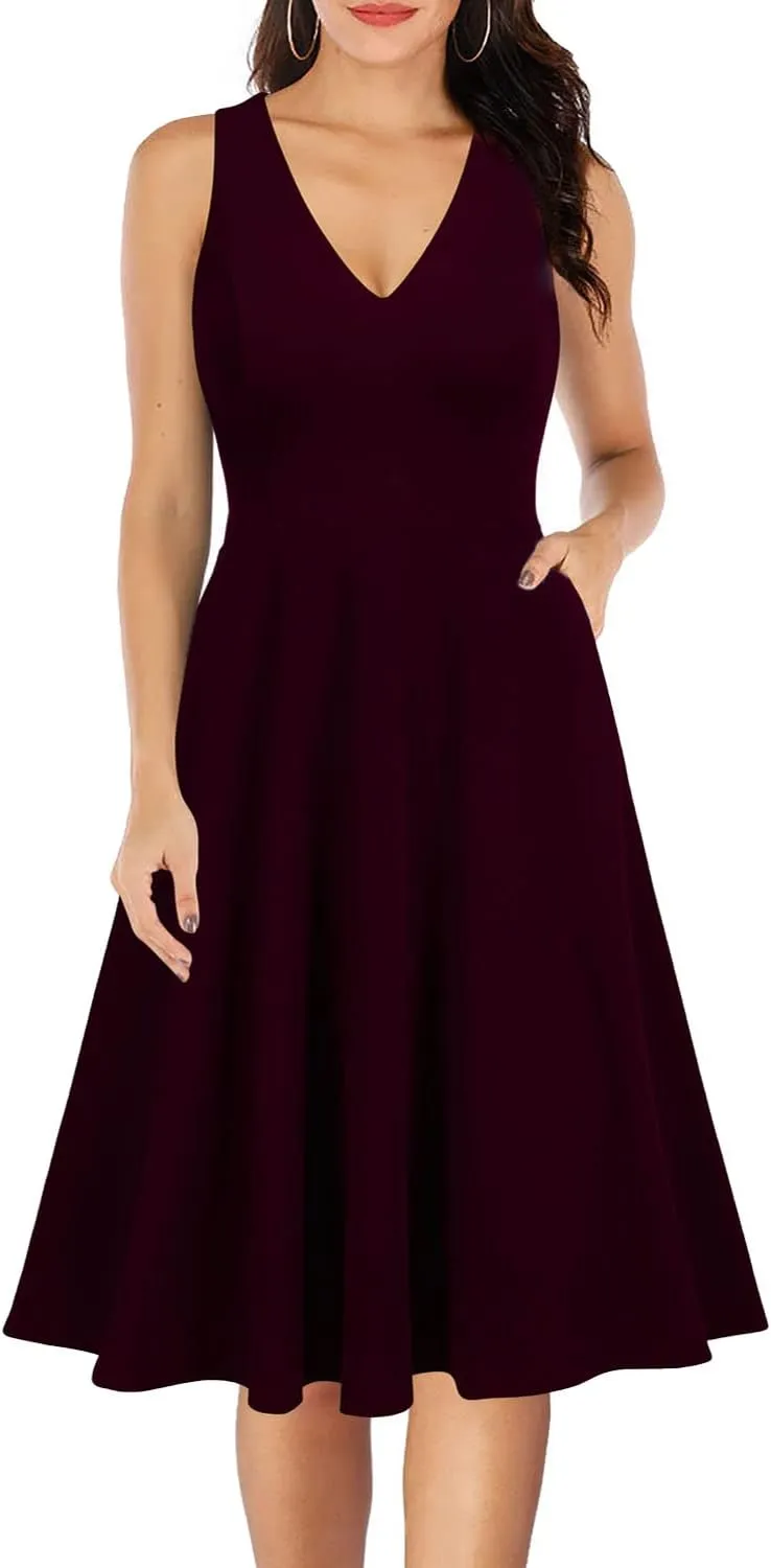 WOOSEA Women's Sleeveless V Neck Vintage Pockets Swing Business Church Dress