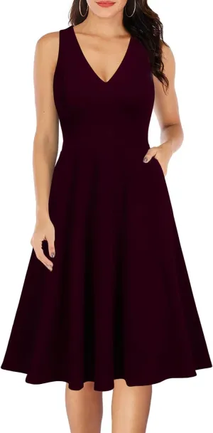 WOOSEA Women's Sleeveless V Neck Vintage Pockets Swing Business Church Dress